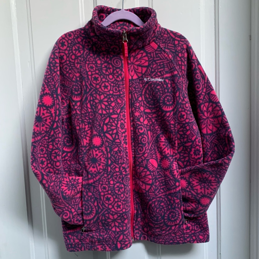 COLOMBIA GIRLS SIZE LARGE 14-16 PINK FLORAL PRINT ZIPPER JACKET COZY WARM FLEECE